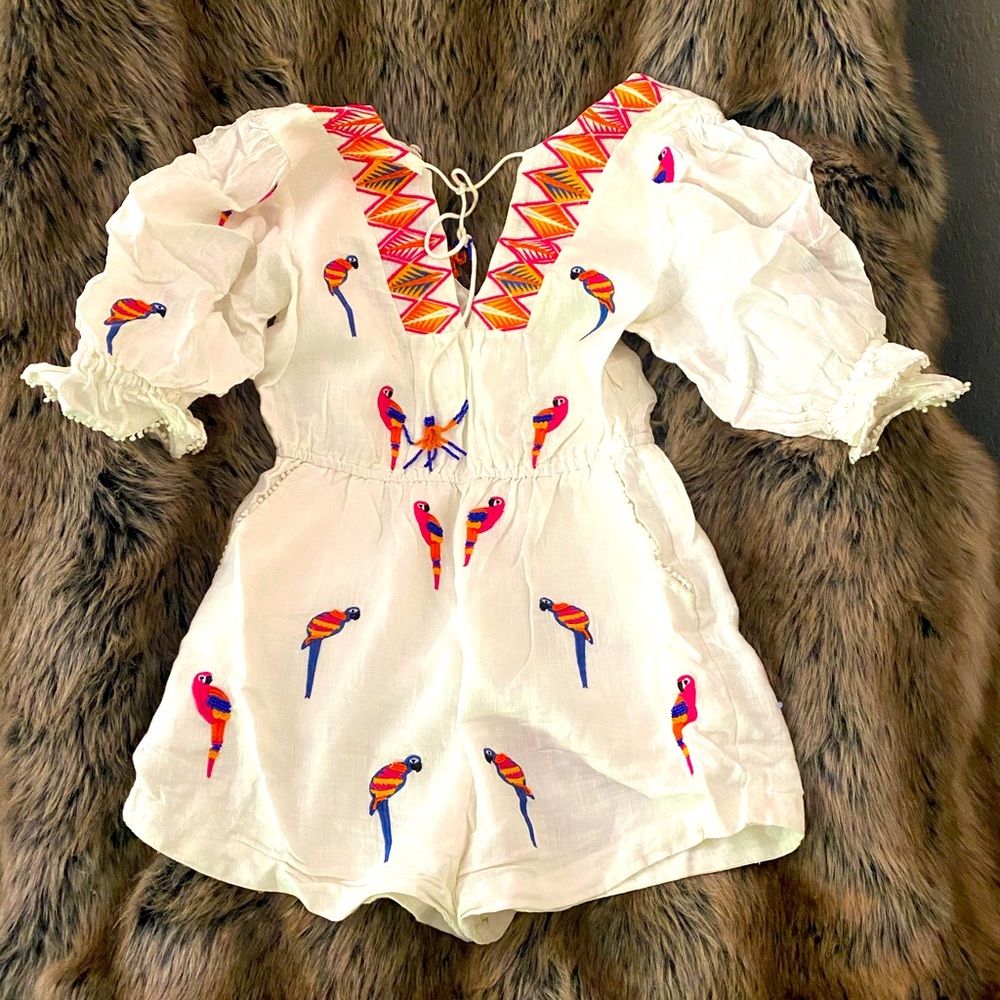 Farm Rio mini macaw romper with beaded detail